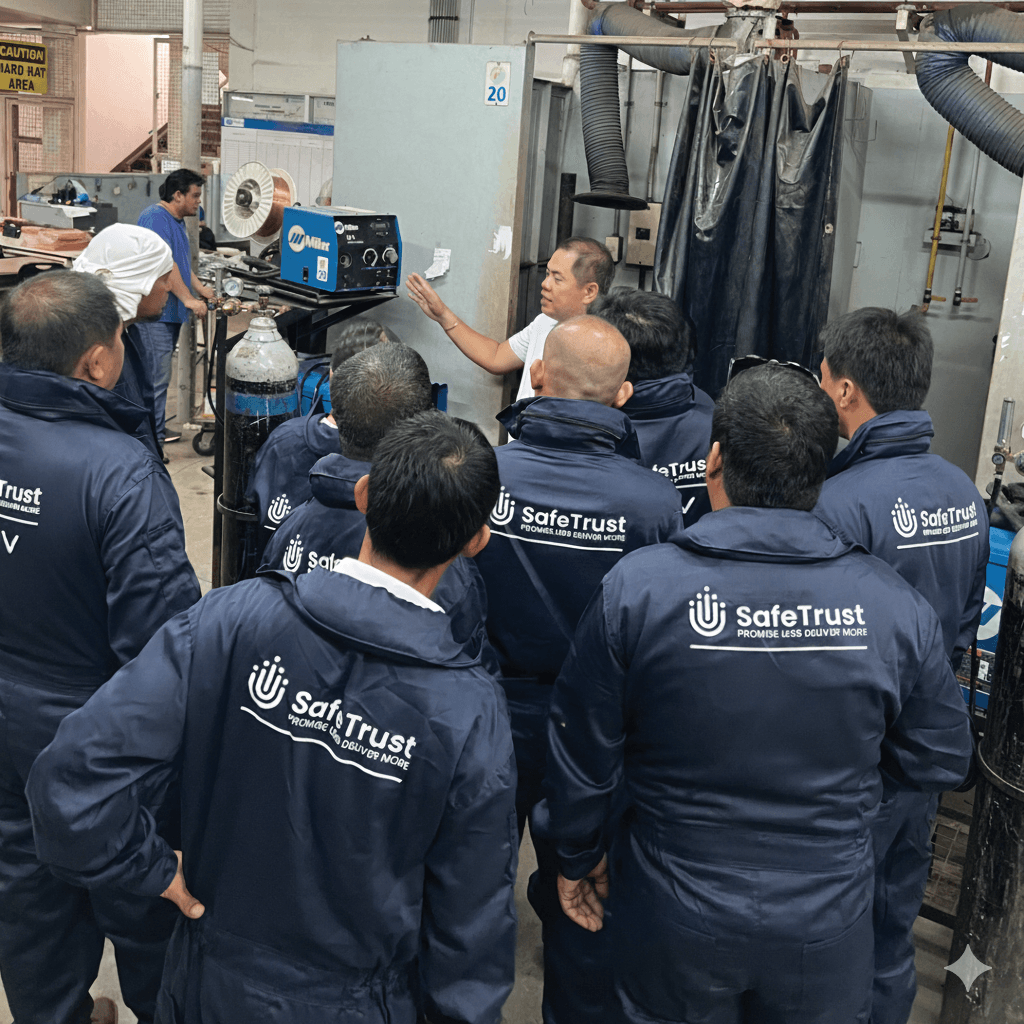 SafeTrust candidates in branded jackets at a technical equipment briefing